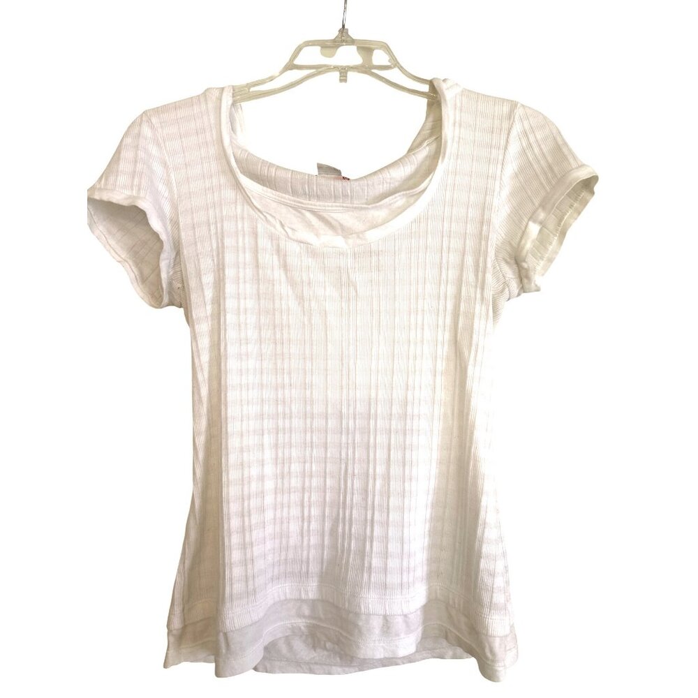 Unionbay LG Ivory Hooded Ribbed Cap Sleeve Top Layered Hem Y2K Casualcore Chic - Picture 3 of 10